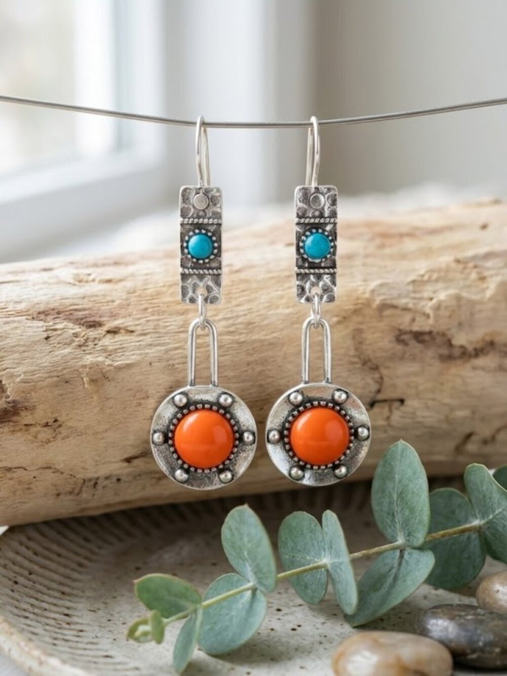 Oxidized Silver Boho Drop Earrings Orange Turquoise Southwestern Santa Fe 2.4"